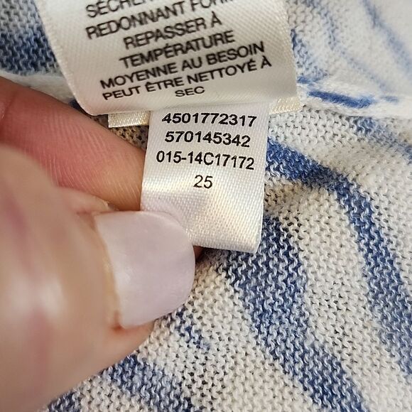 Chico's Linen Blend Cardigan Sweater, Blue & White Zebra Print, Lace Panels, 12 - Picture 9 of 9